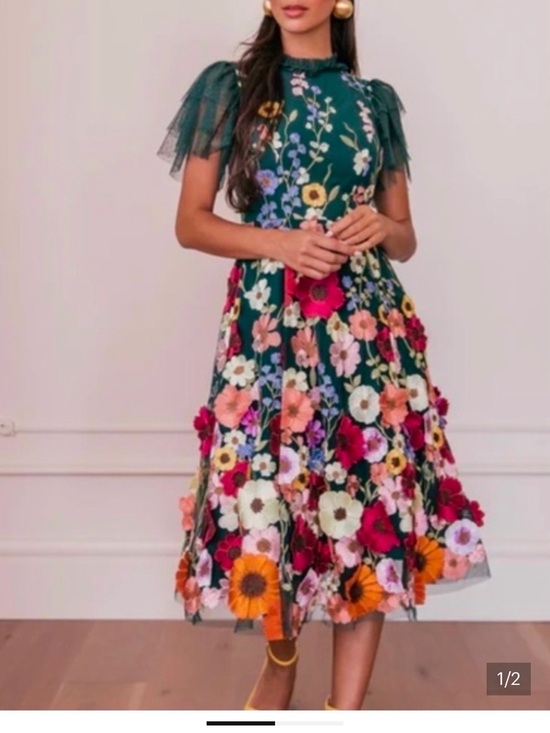 JessaKae Dresses & Skirts - JessaKae Dark Green Floral Tulle Midi Dress